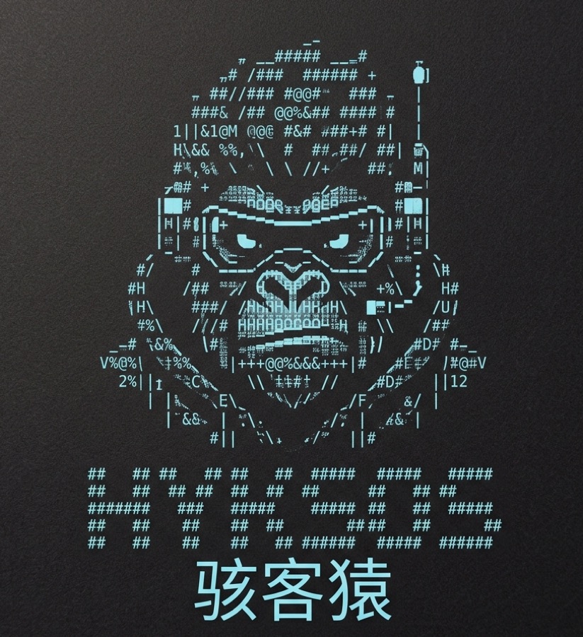 HYKSOS gorilla emblem built from cyan ASCII characters